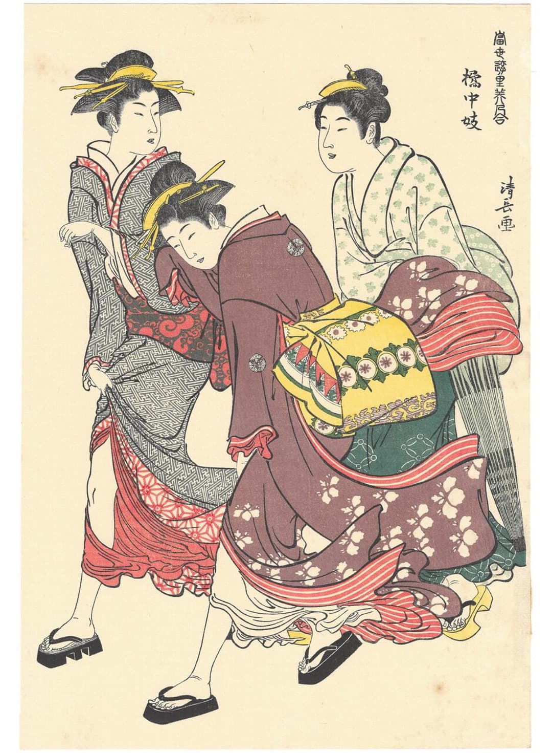 Torii Kiyonaga, 鳥居清長, Tachibana Geisha in the Wind, 橘中妓, Contest of Contemporary Beauties of the Pleasure Quarters, 当世遊里美人合, Bijin-ga